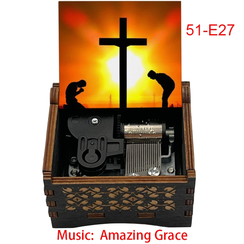 Wooden Amazing Grace Mechanical Music Box Inspiring Family Christian Holiday Church Festival Handmade Gift DIY Cute Decoration