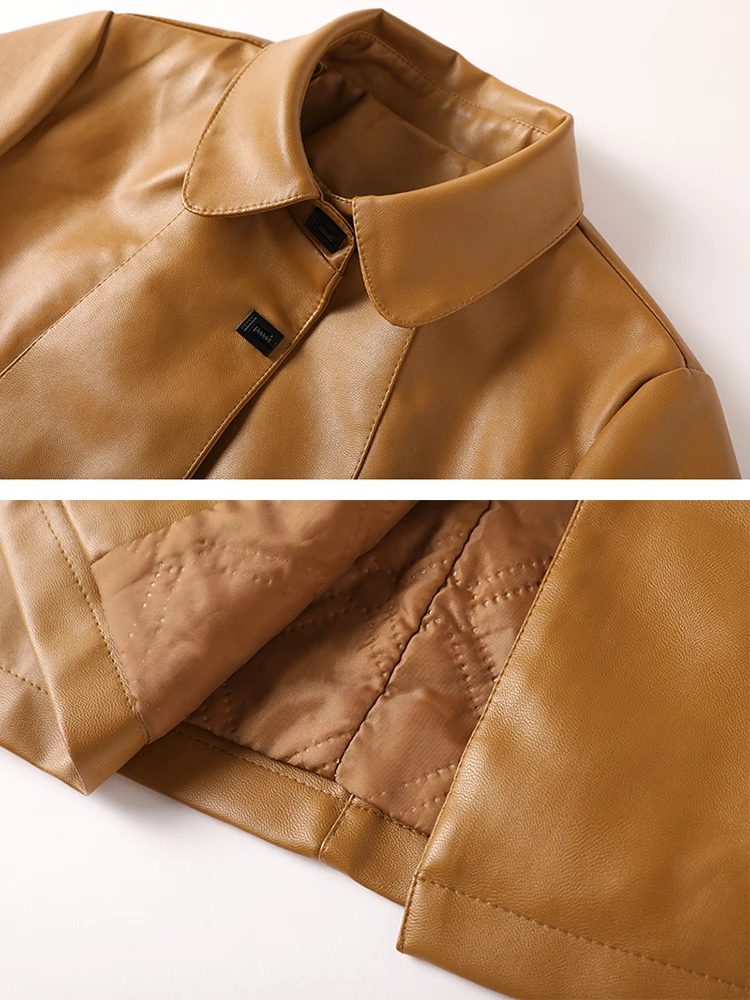 QOERLIN Women PU Leather Jacket Single-Breasted Lapel Buttons PU Faux Leather Jackets Overcoat Pocket Fall Winter Trench Coat