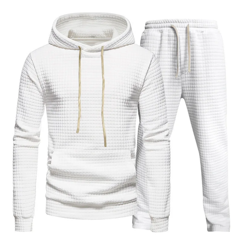 Men's Fall 2023 Small Checkered Hoodie Long Sleeved Trousers Casual Solid Color Sports Two-piece Suit