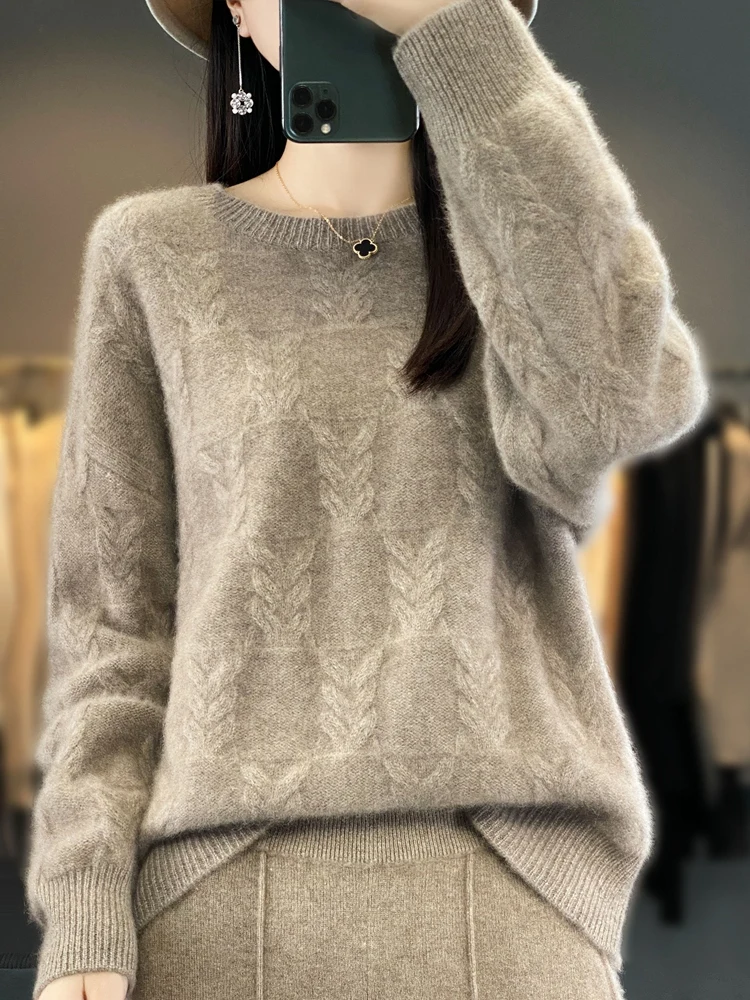 

Long Sleeve Autumn Winter Thick Women Sweater 100% Merino Wool O-Neck Cashmere Knitted Pullover Twisted Female Clothing Tops