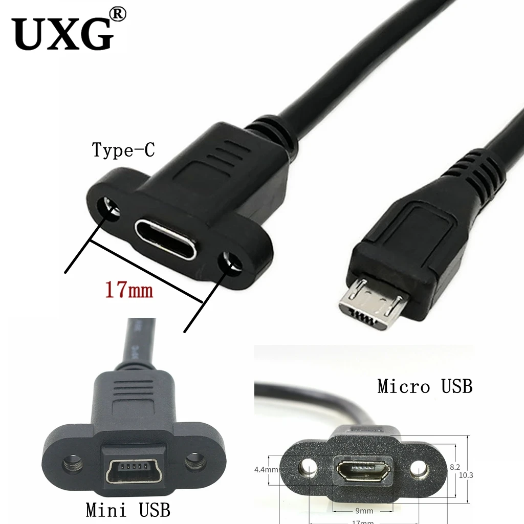 Micro Type USB USB 2.0 Male Connector to Type-c Mini USB 5pin Female Extension Cable Pitch 17mm With Screws Panel Mount Hole