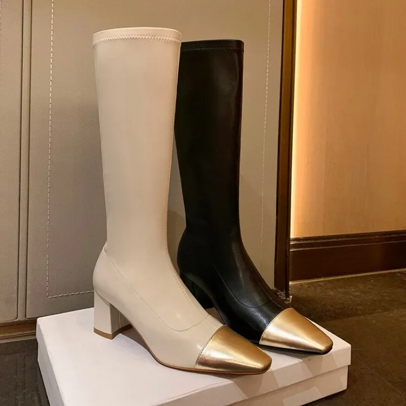 Women's Mid Boot 2023 Autumn/Winter New Women's Boot Fashion Sexy Small Fragrance Style Long Boots Square Head Elastic Slim Boot