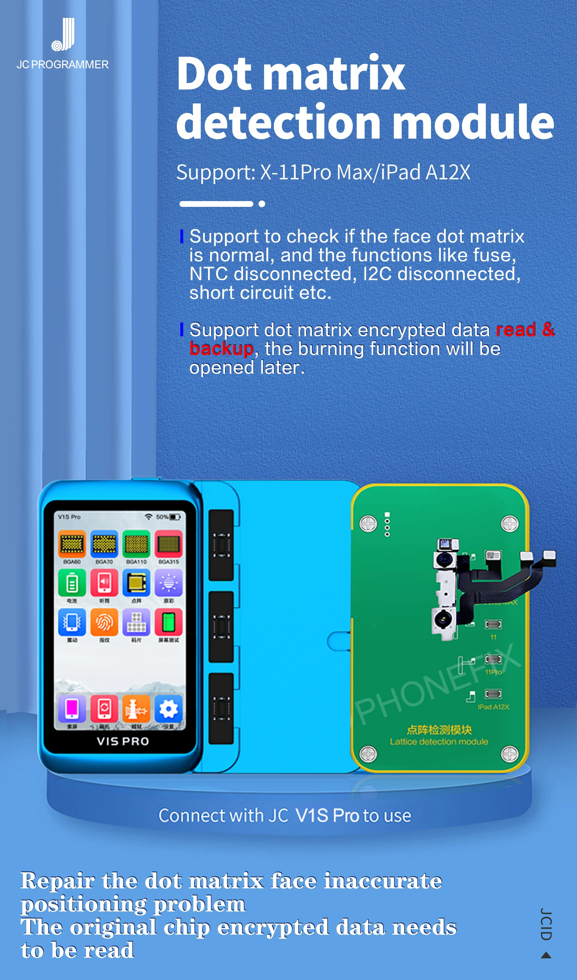 

JC V1S Pro Dot Matrix Read Module for iPhone X - 11Pro Max iPad Face ID Not Working Dot Matrix Flex Cable Read Encrypted Data