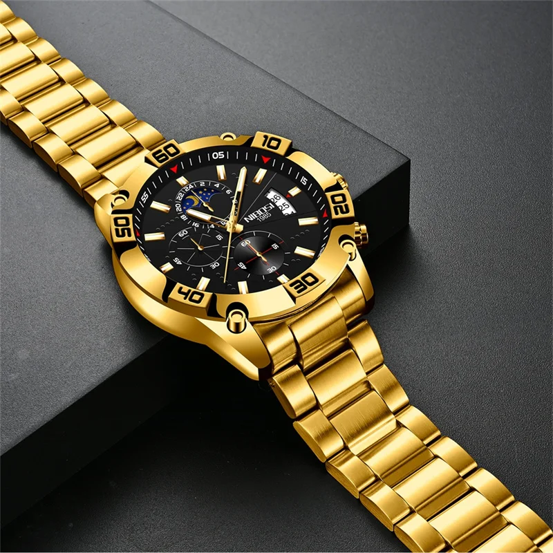 NIBOSI Luxury Chronograph Quartz Watch for Men Stainless Steel Waterproof Luminous Date Fashion Mens Watches Relogio Masculino