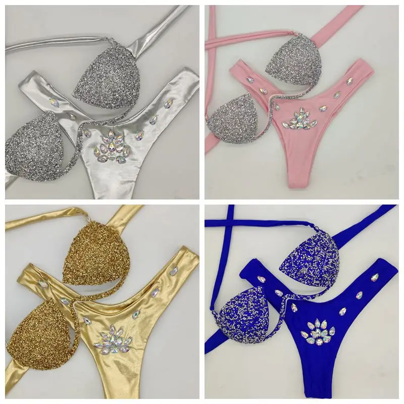 2023 New Hot Diamond Bikini, Lace Up High Waist Open Back Three Point Sexy Swimwear, Silver Shiny Night Club Performance Dress