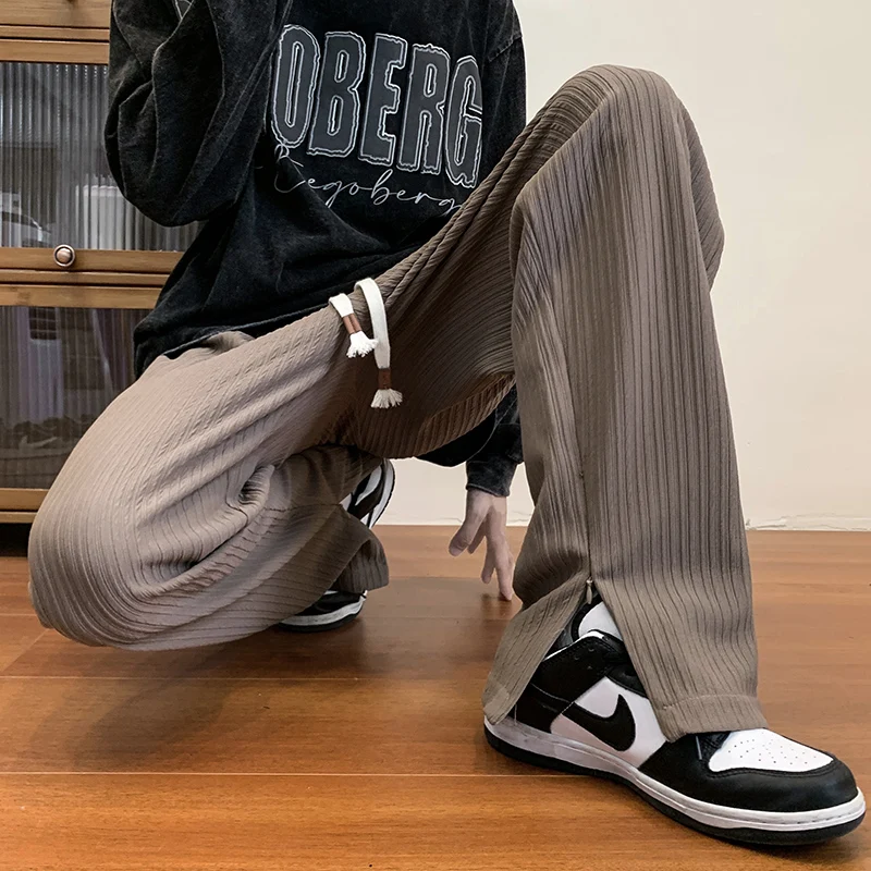 

Casual Pants Men Loose Fashion Feet Split Wide Leg Pants Harajuku Solid Straight Bottom Streetwear Oversize Coffee Pants Ribbons
