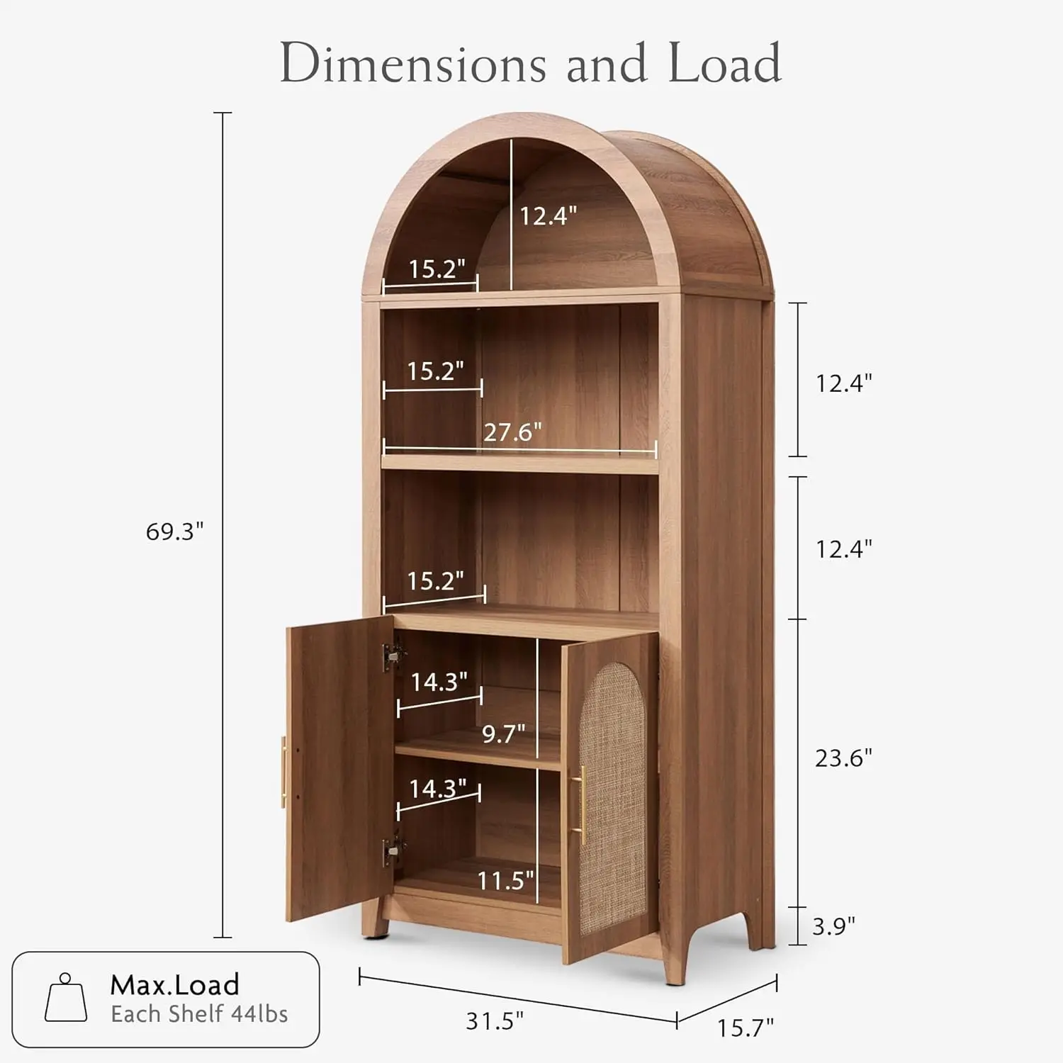 Arched Cabinet Bookshelf Bookcase - 69.3” Tall Mid Century Arched Display Cabinet, Rounded Bookshelf with Rattan Doors, Open