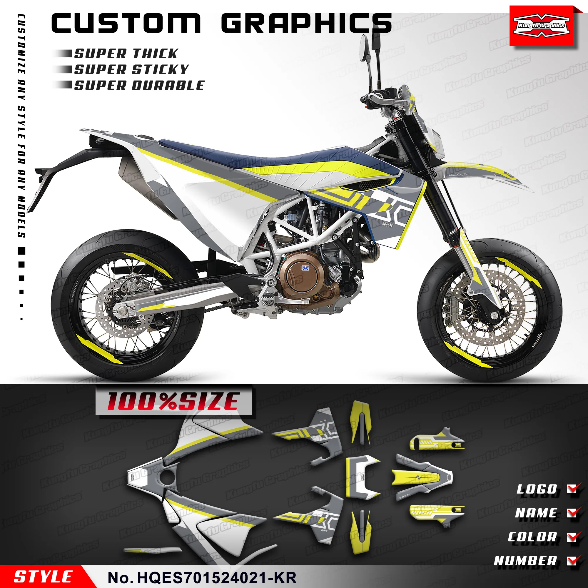 

KUNGFU графические Наклейки на заказ, комплект виниловой пленки для Husqvarna Enduro Supermoto 701 2015-2024, HQES701524021-KR