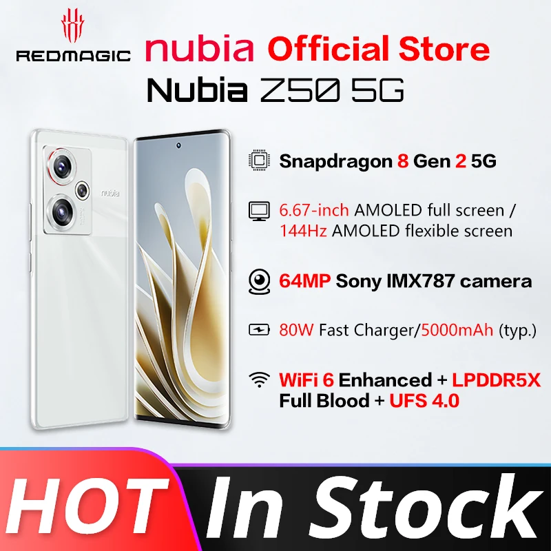  Original Nubia Z50 5G SmartPhone 6.67'' 144Hz Curved flexible display Snapdragon 8 Gen 2 Octa Core 50MP Dual Camera 80W QuickCha 
