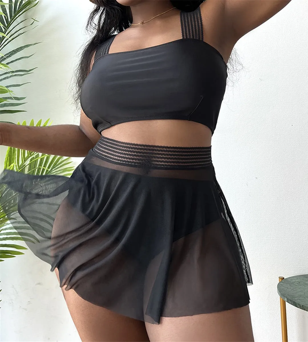 

New In Plus Size Swimsuit Bikini Solid Sexy Mesh Vest+gauze Skirt Three Piece Swim Clothing Mujer 4XL Micro Bikini Gm*