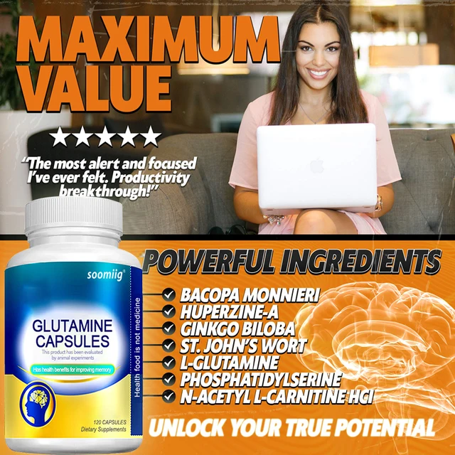 Glutamine Supplement - Rich Vitamin Complex to Support Memory, Concentration, Nervous System and Brain Health, 120 Tablets 6