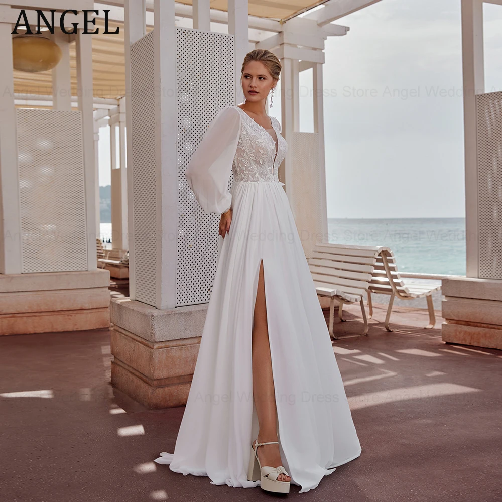 

ANGEL Chiffon Vintage Wedding Dresses Puff Sleeves Double V-Neck Bride Gowns Applique Side Split A-Line Vestido De Novia