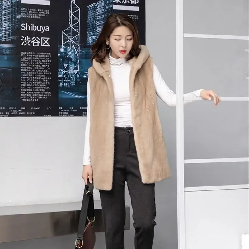 Fur Vest Women's Autumn and Winter New Korean Version Hooded Mid-length Solid Color High-end Jacket Warm Pocket Jacket Fur Coat