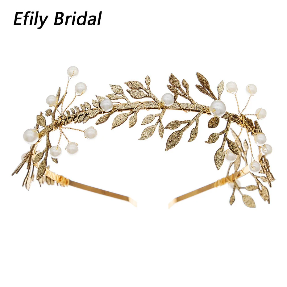 

Efily Gold Color Leaf Headband for Women Wedding Head Jewelry Greek Hair Accessories Pearl Bridal Headpiece Prom Bridesmaid Gift