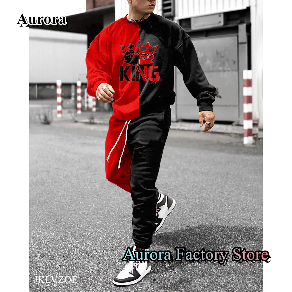 Men 3D King Printing Tracksuit Casual Long Sleeve T-Shirt Trousers Set Fashion Jogging Suit Male Outfit Multicolour Clothing