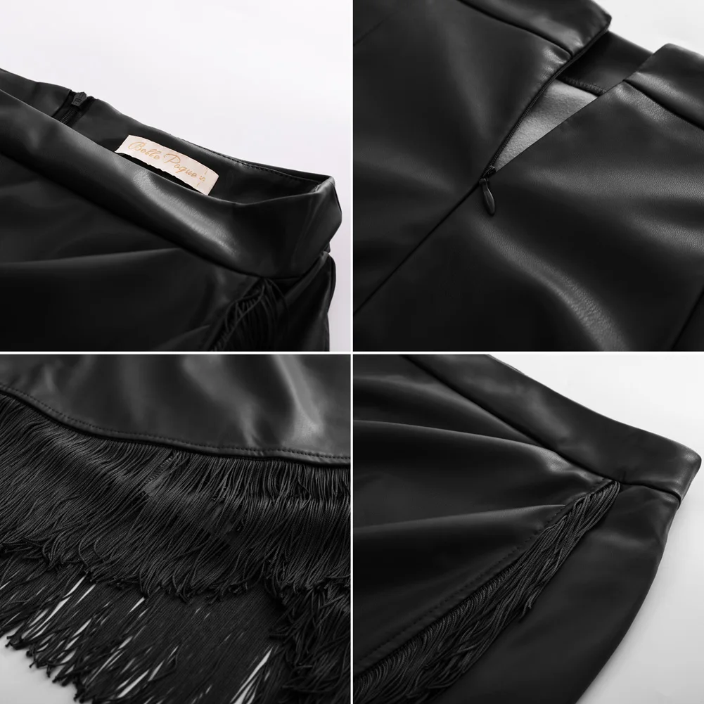 Belle Poque Women's Fringe Bodycon Leather Skirt With Slit Knee Length Pencil Skirt Office Lady Workwear Hight Waist Skirts A30