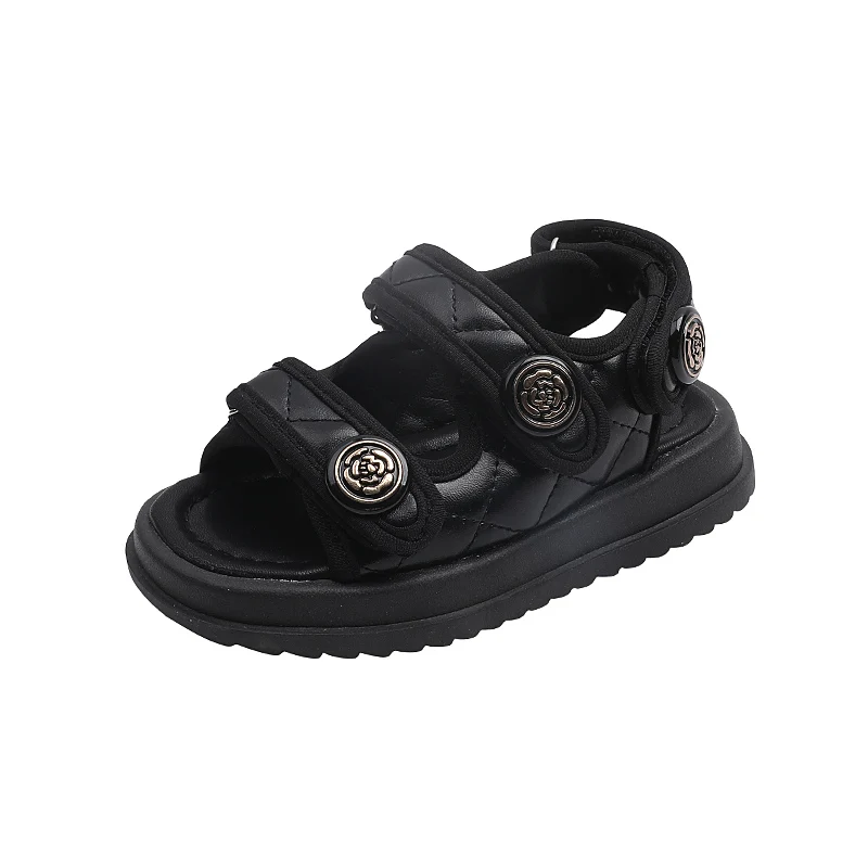 Children Summer Sandals Chic Girls Casual Sandals Solid Black Kids Fashion Princess Japanese Style Classic Flowers Buckle