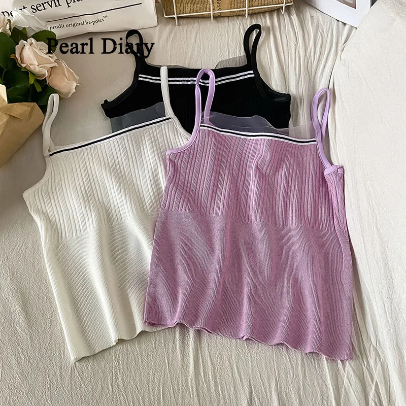 

Pearl Diary Summer Lace Join Together Knitting Sling Vest Fashion Be All-Match Pure Colour Top Women Vertical Bar Thin Top