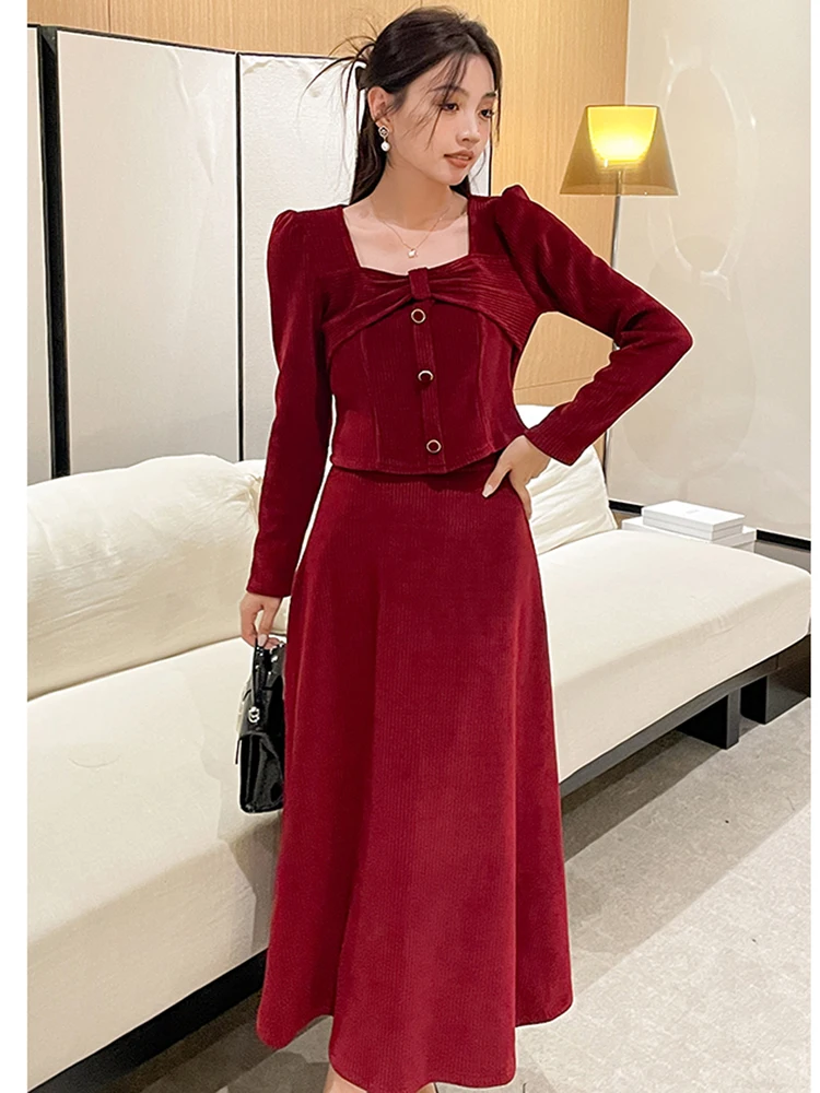 

Autumn Fashion Corduroy Two Piece Sets For Women Office Elegant Bowknot Long Sleeve Crop Tops + High Waist A-Line Skirts Outfits