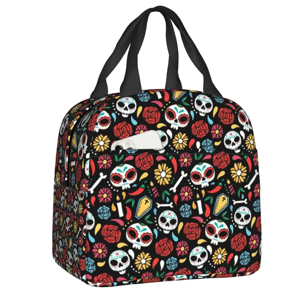 

Mexican Candy Skulls Thermal Insulated Lunch Bags Women Day of The Dead Lunch Tote for Kids School Children Food Box