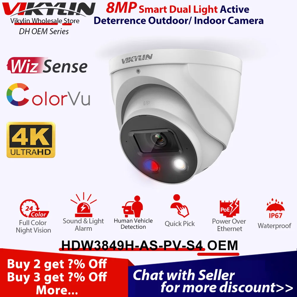 

Vikylin Outdoor IP Camera For Dahua 8MP 4K IPC-HDW3849H-AS-PV Tioc Color Night Vision Security Cam Mic Speaker Audio SD WizSense