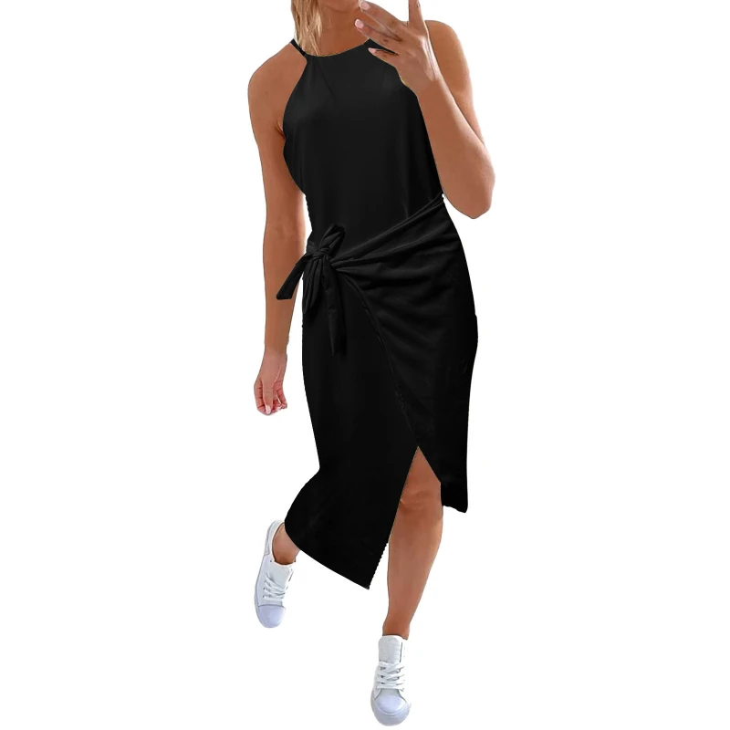 

Women's 2024 Summer New Spliced Neck Shoulder Lacing Irregular Fashion Solid Color Slim Versatile Casual Sleeveless Dresses