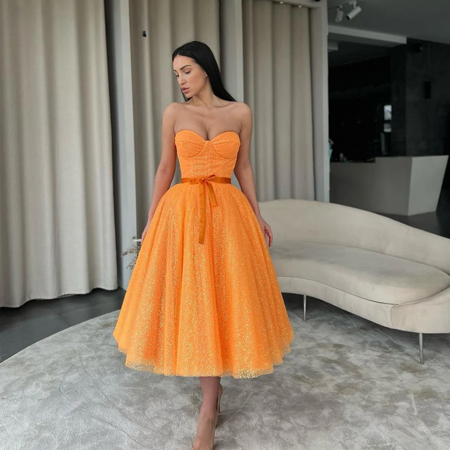 

Orange Sequins Tulle Knee Length Prom Dress Sweetheart Short Cocktail Dress Women Elegant Puffy Evening Gowns Vestidos De Gala