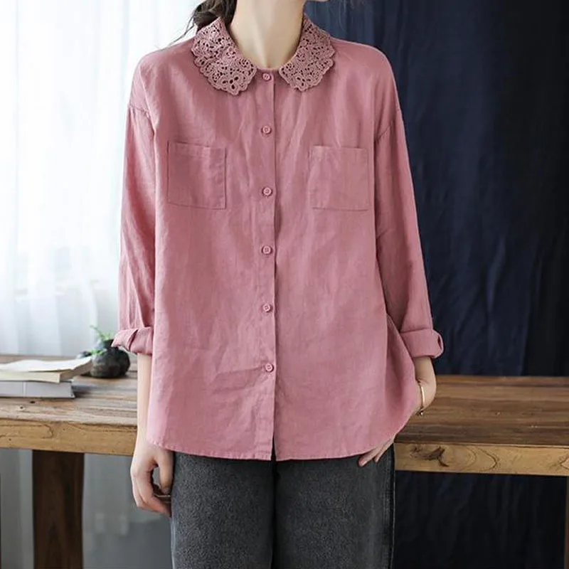 Thin Pure Cotton Multiple Colors Peter Pan Collar Ladies Shirt Pockets Retro Literature Art Single Breasted Spring Summer Cloths