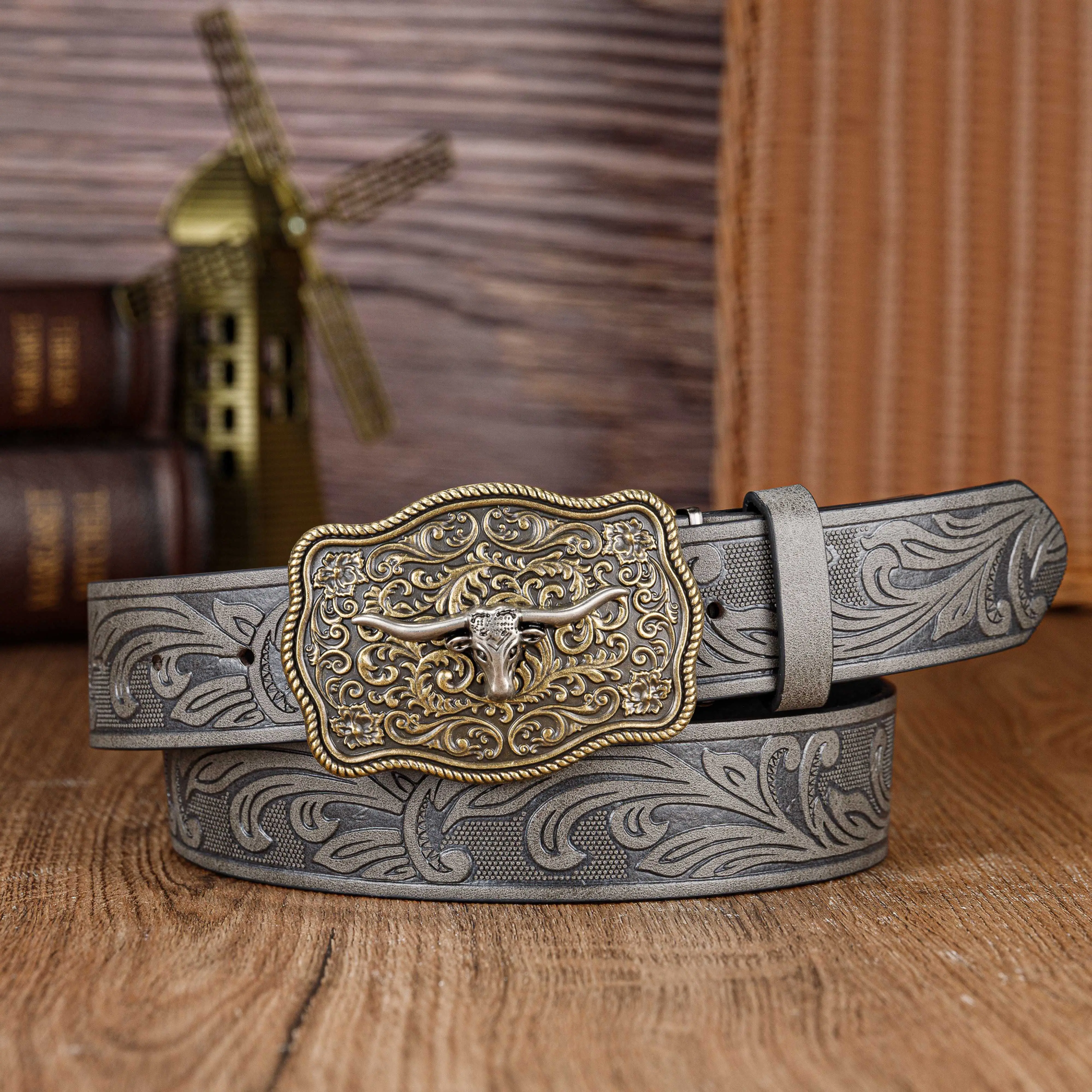 Stylish Bull Head Embossed Belt with Statement Buckle