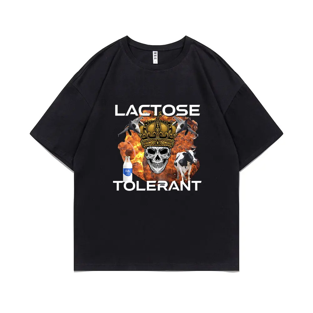 

Lactose Tolerant Funny Meme Trendy King Skull Graphic T-shirt Men Women Casual Oversized T Shirts Men's Vintage O-collar Tshirt