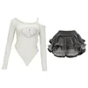 Japanese Style Knit Suits Kawaii Vintage 2 Piece Skirts Set Women Vintage Print Y2k Crop Tops Blouse + Mini Skirts Korean Chic 5