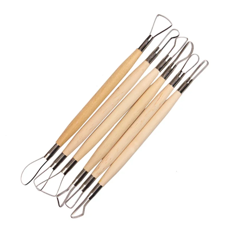 6PCS Wood Handle Wax Pottery Clay Sculpture Carving Tool DIY Craft Set Wood Knife Handle Sculpture Carving Wax Tool