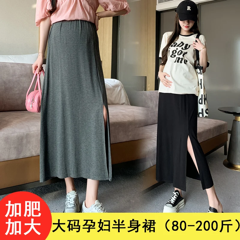 3XL 4XL Summer Thin Modal Maternity Long Skirts Side Splits Elastic Waist Belly Clothes for Pregnant Women Casual Pregnancy
