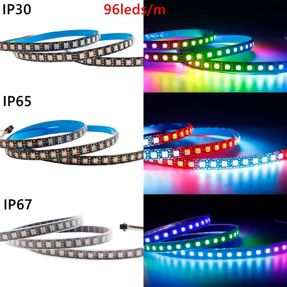 DC5V WS2812B Led Strip 74/96/144leds/m Individually Addressable Smart 5050RGB WS2812 Pixels Led Light IP30/65/67 Black/White PCB 5