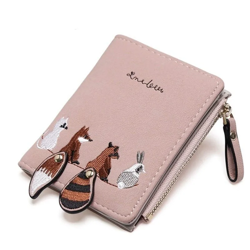 Cute Girl Heart Women's Embroidered Thread Cartoon Animal Wallet Korean Version Short Tassel Zipper Card Bag Earphone Cable Bag