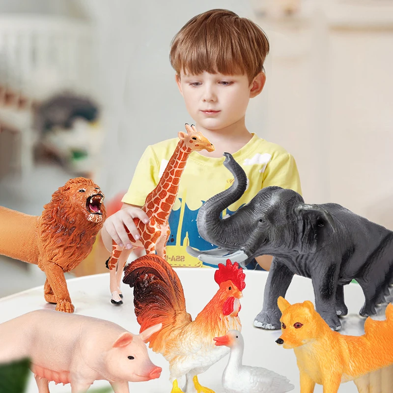 13PCS Children's Simulated Animal Model Toy Set Elephant Gorilla Tiger Lion Hippo Panda Farm Small Animal Toys with Picture Book 2