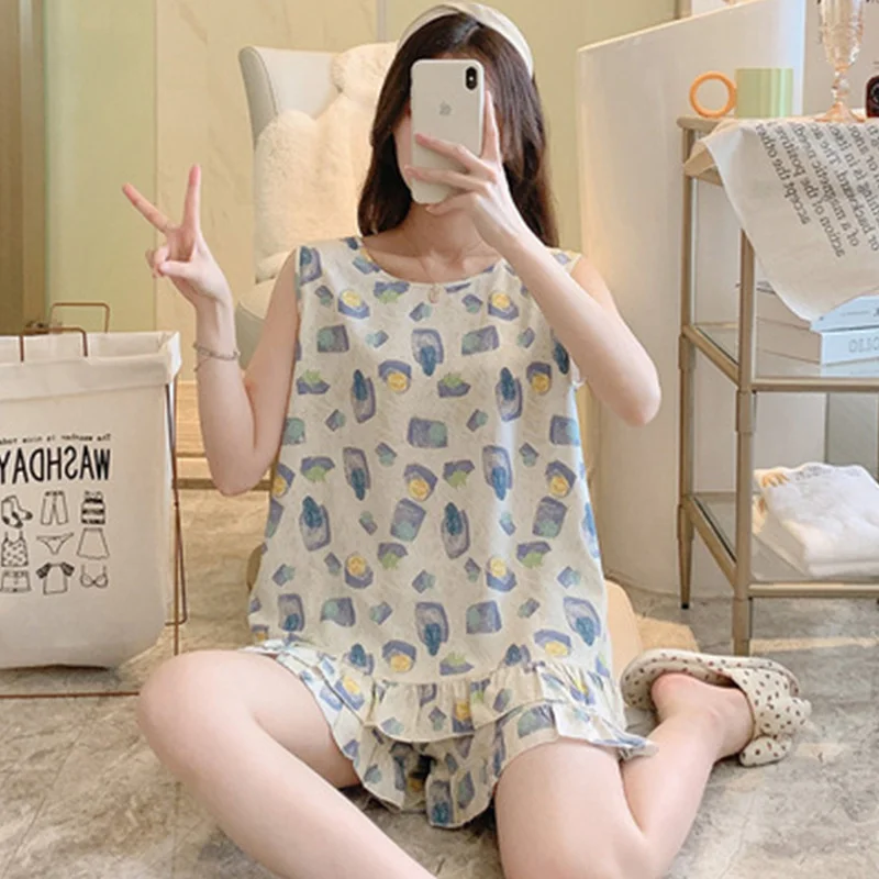 Summer Women's Cotton Silk Two-piece Pajamas Simple Small Fresh Pullover Cotton Silk Sleepwear