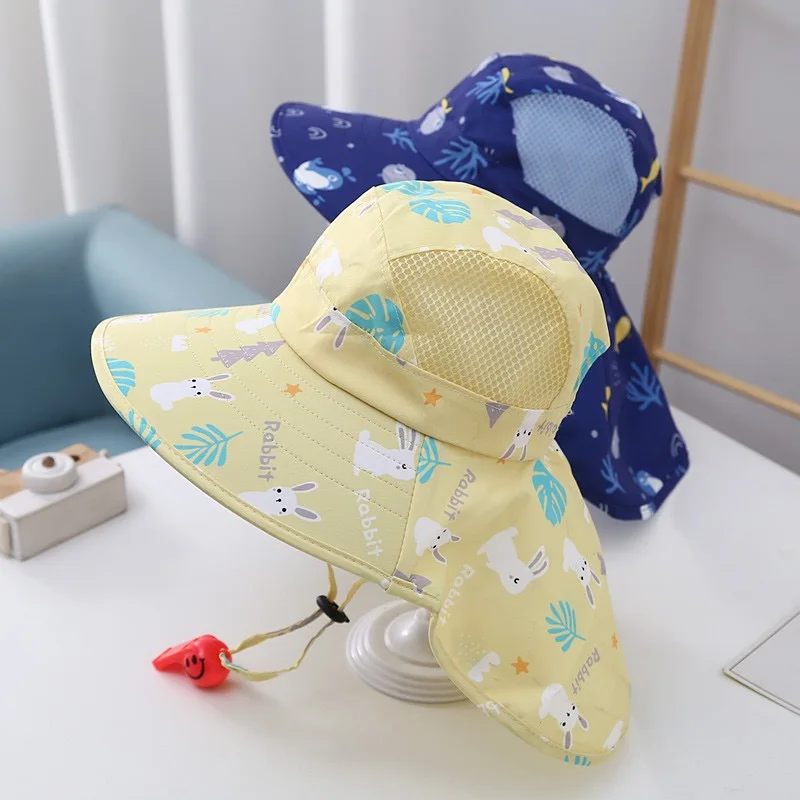 Summer Children UV Protection Shawl Hat Print Kids Large Brim Sunshade Visor 2-10Year Boy Girl Baby Quick Dry Mesh Fisherman Cap 3