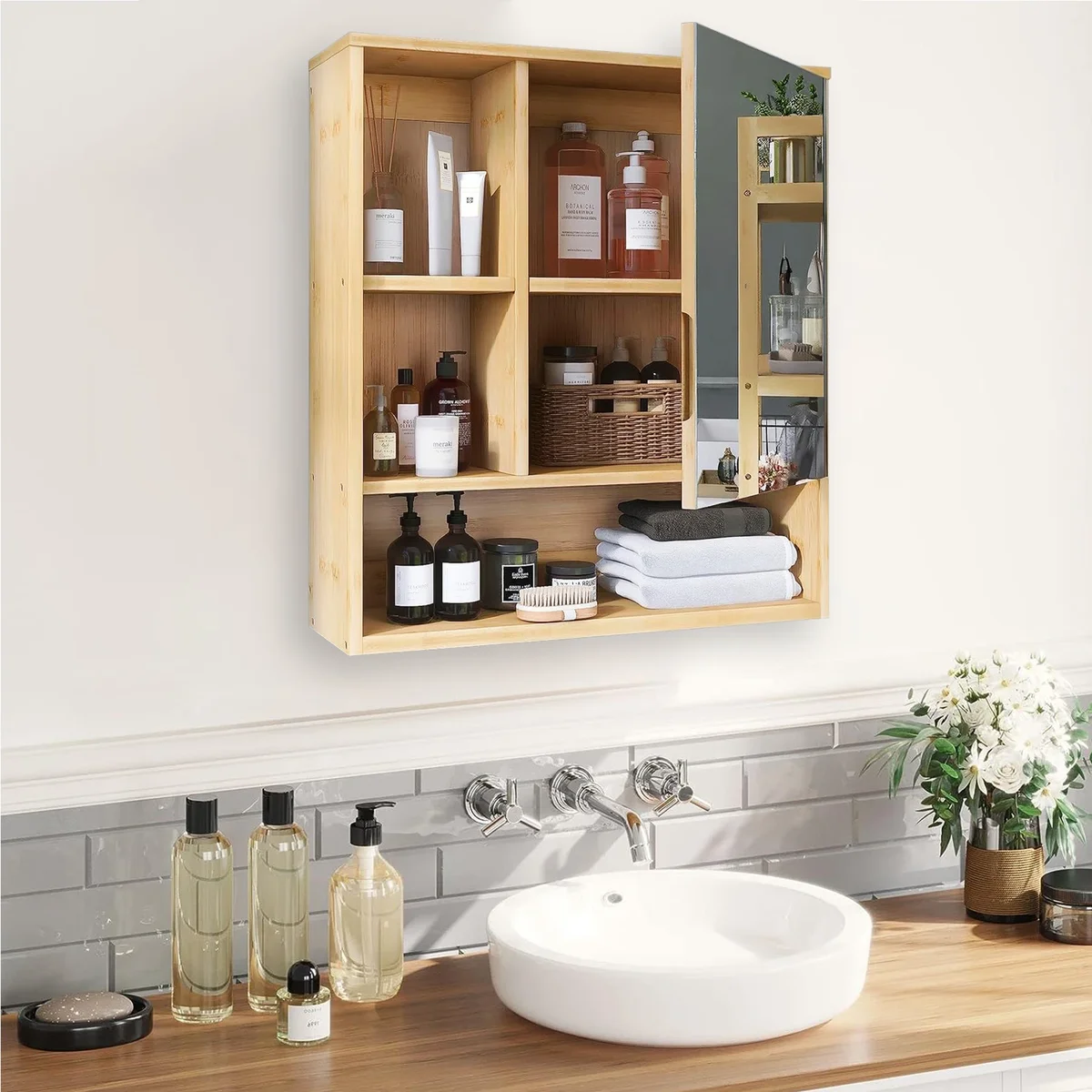 Wall Mounted Medicine Cabinet with Mirror, Natural Bamboo Bathroom Storage Cabinet, Adjustable Shelves for Bathroom, Bedroom — view 3