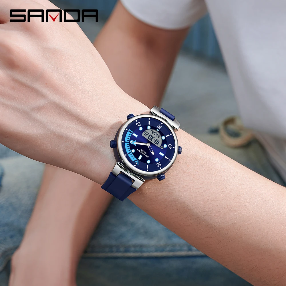 SANDA Men New Fashion Quartz Watch with Electronic Display Luminous LED Trend Mens Watches 50M Water Resistant Reloj Hombre 3122