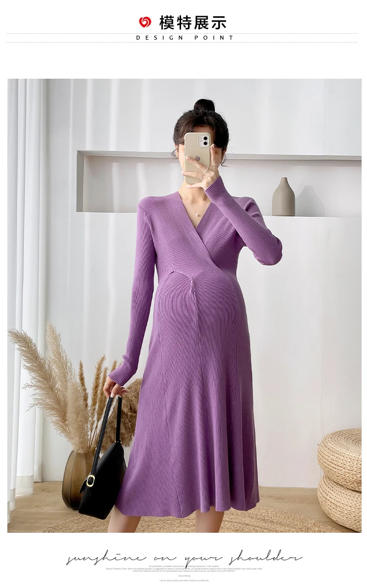 Über V-Ausschnitt gestrickte Mutterschaft pullover Kleid elegant eine Linie schlanke Kleidung für schwangere Frauen Herbst Winter Schwangerschaft tägliche Kleidung – Detail 8