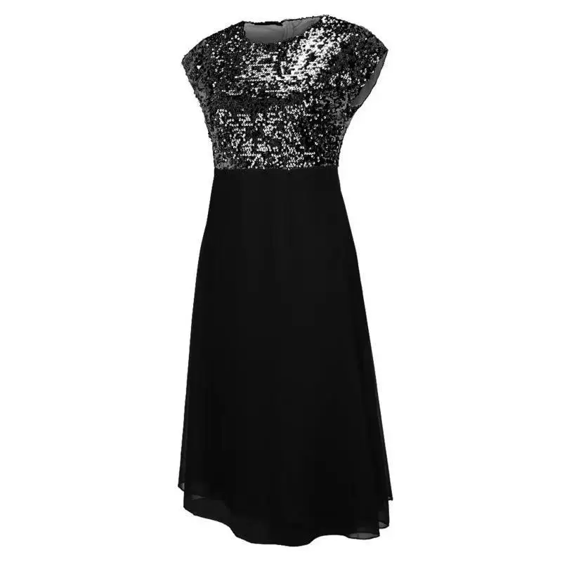 Elegant Solid Chiffon Splicing Sequin Sleeveless Zipper Midi Dress Women's Spring Summer Round Neck Net Yarn Plus Size Dresses