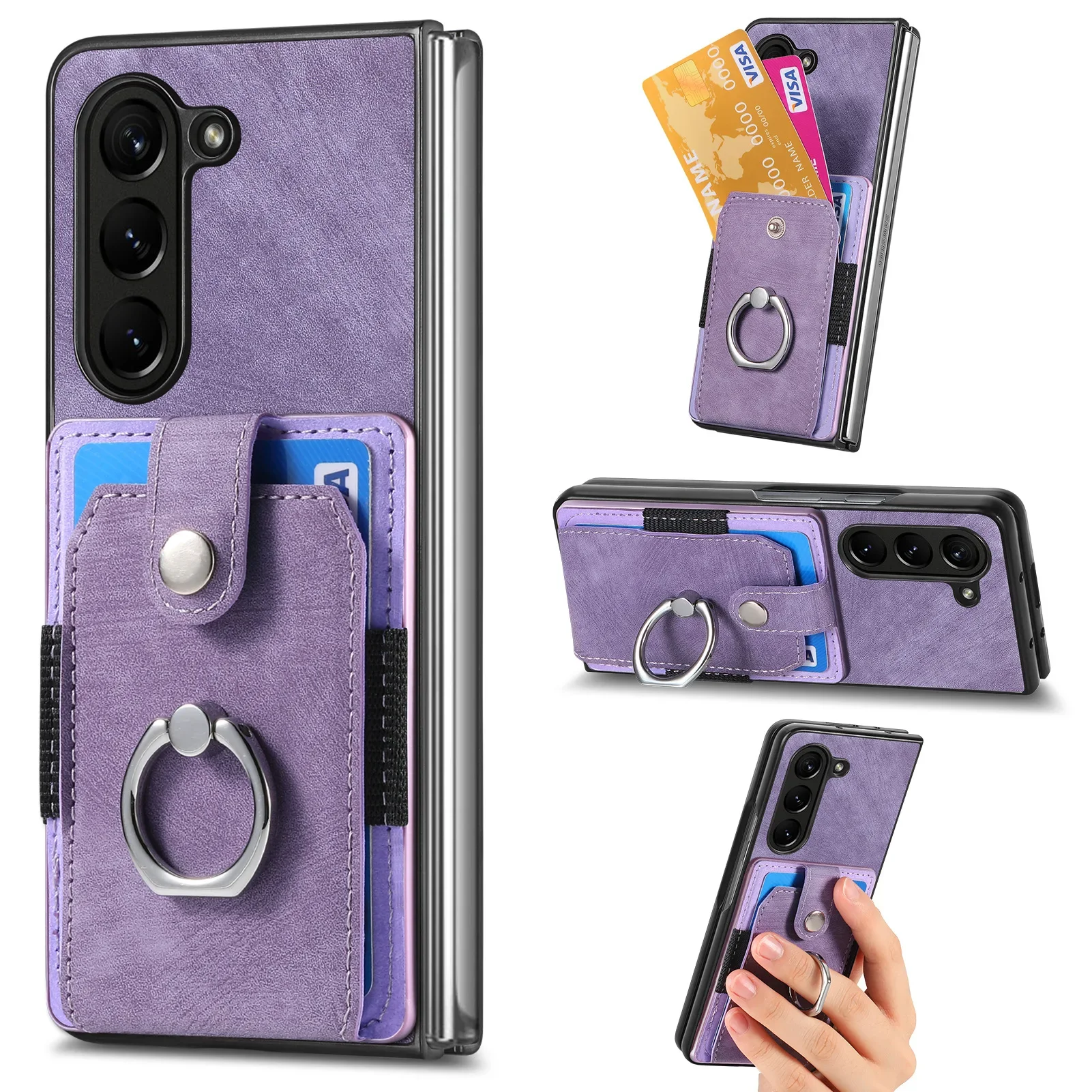 Retro Artificial Leather Wallet Phone Case with Ring Holder for Samsung Galaxy Z Fold 7 6 5 4 3 Fold7 Fold6 5G Card Slot Cover | Gaffar India