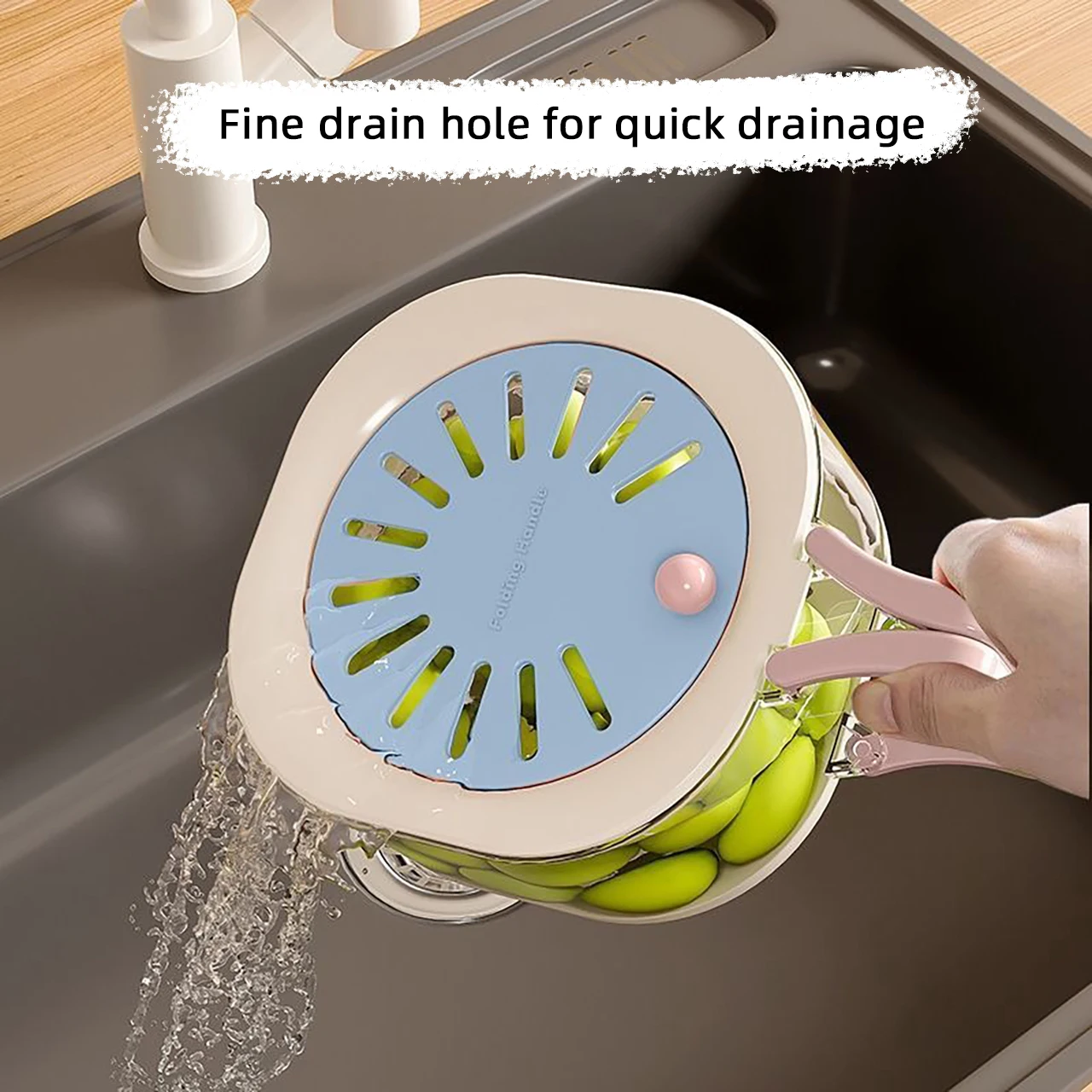 Double Layer Drain Basket with Lid Plastic Fruit Vegetable Strainer with Telescopic Handle Kitchen Drying Colander