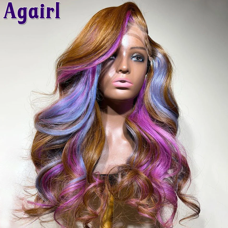 Lace Frontal Body Wave Human Hair Wig para mulheres, perucas coloridas, marrom, roxo, rosa, destaque, ondulado, 13x4, 613, 200%, 13x6