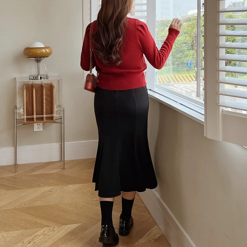 Autumn Good Quality Womens Plus Size Casual Clothing Winter OL Stylish Elastic High Waist Black Mermaid Long Skirt