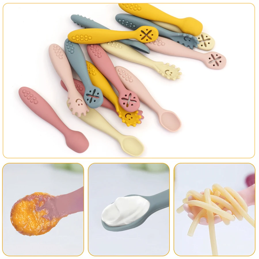 3 pezzi forchetta cucchiaio in Silicone per Set di utensili per bambini alimentazione cibo bambino impara a mangiare formazione forchetta morbida posate stoviglie per bambini