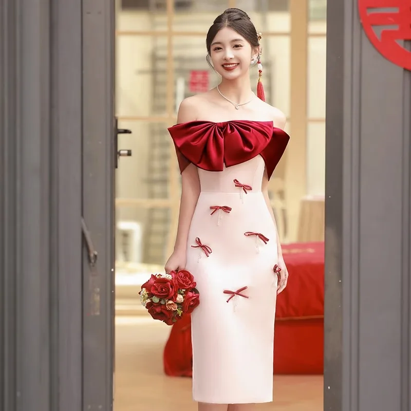 

Women Burgundy Wedding Dress 2023 Toast Clothing Formal Off Shoulder Party Gown Robe De Soirée