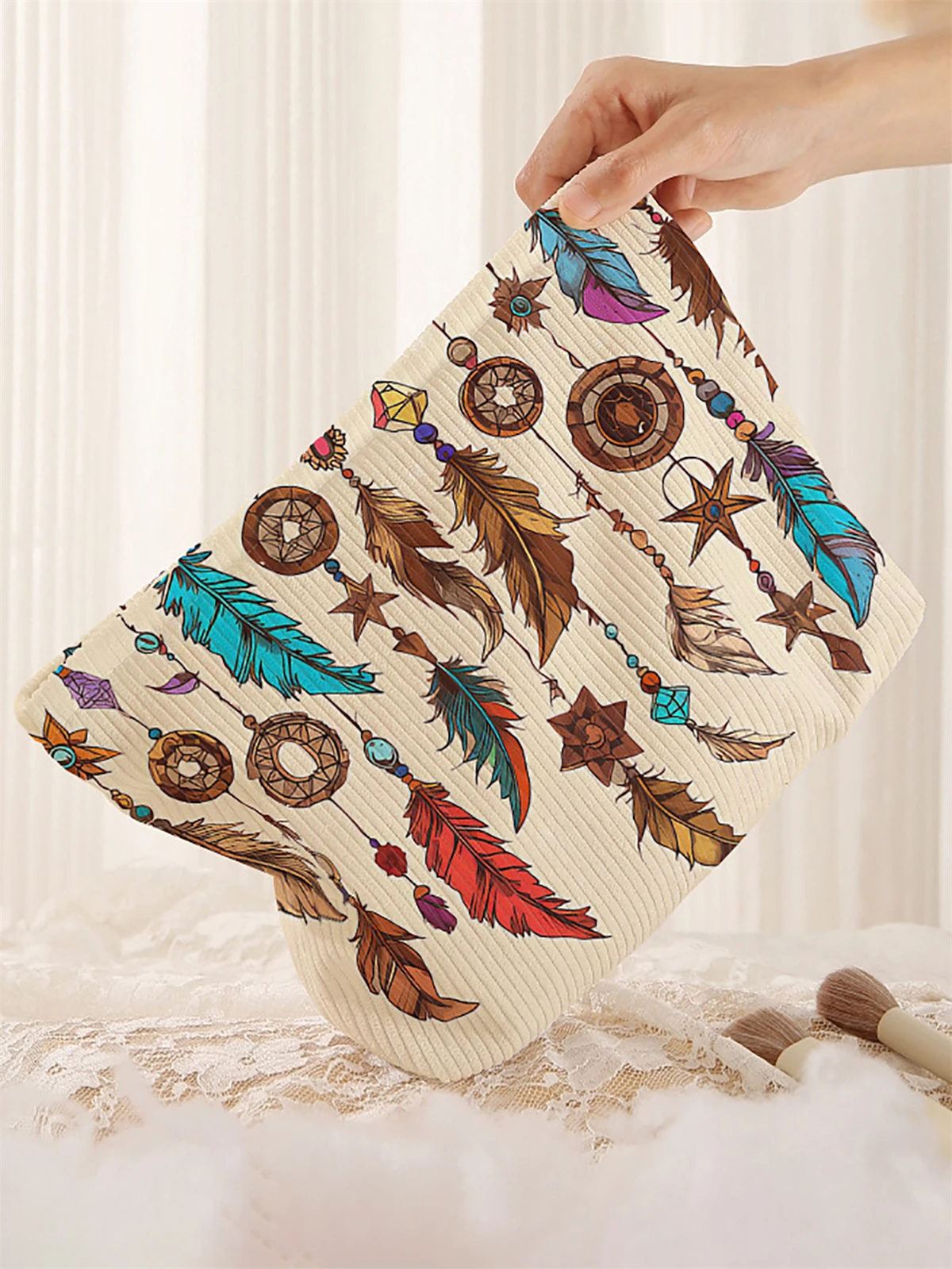 1 corduroy makeup bag with feather pattern, light zipper makeup storage box, multifunctional bag with lining