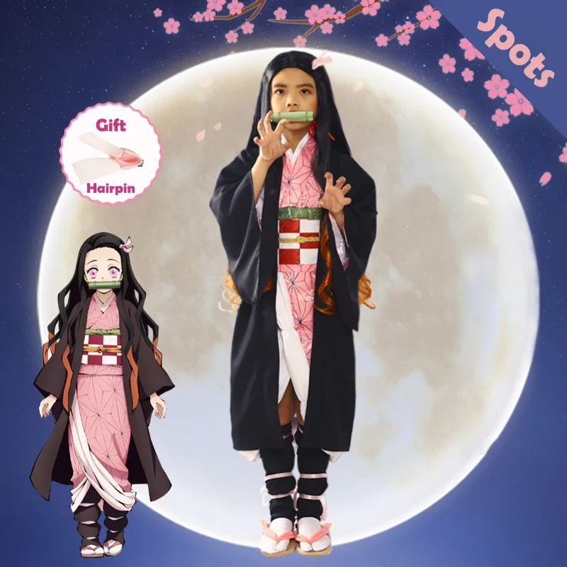 

Anime Demon Slayer Kamado Nezuko Cosplay Costumes Kids Children Coat kimono Suit Set Unifrom Halloween Party Outfit